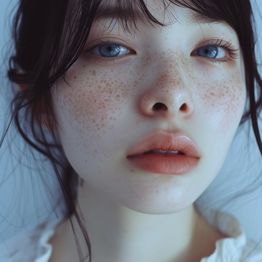 Japanese woman with pale skin and blue eyes