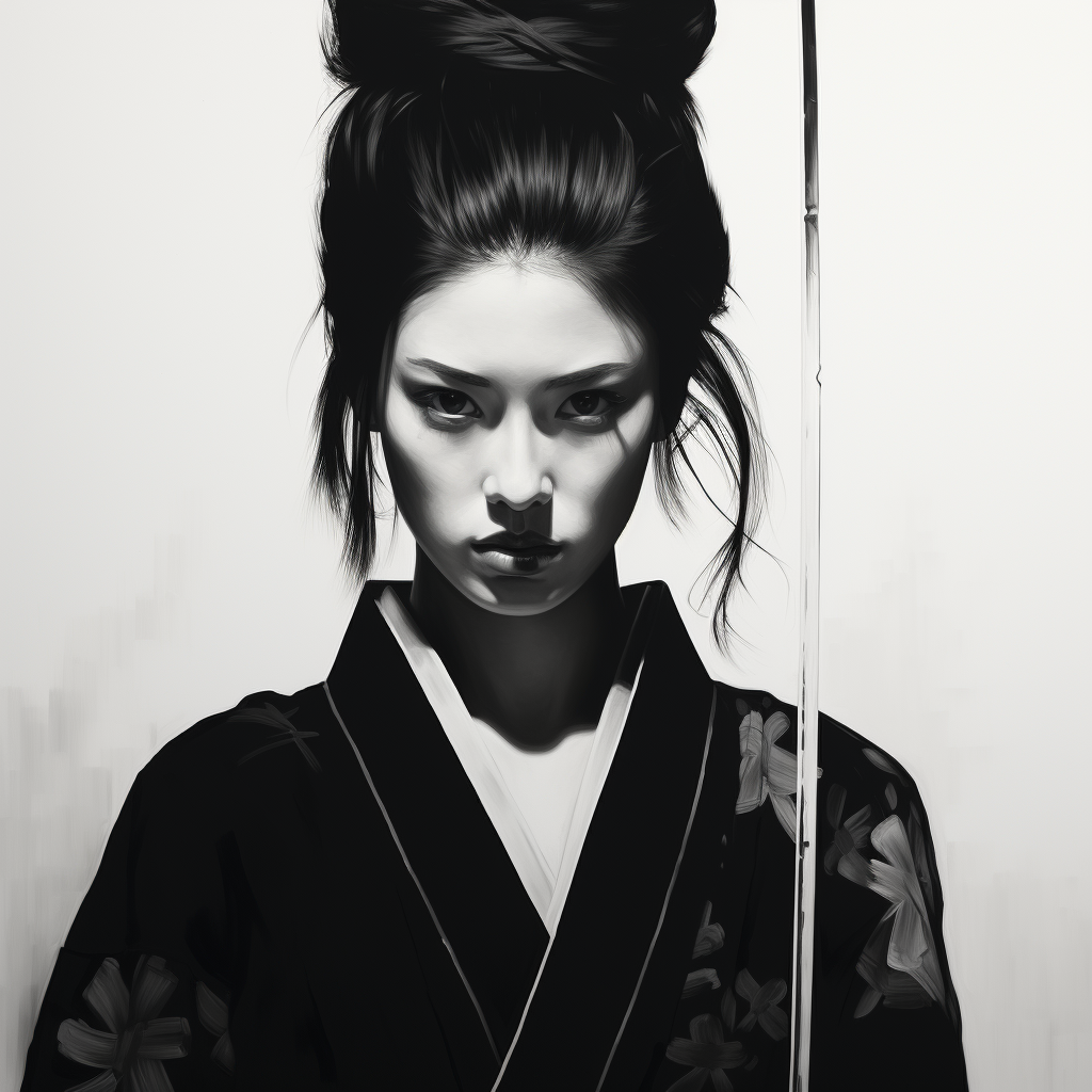 Japanese woman geisha holding a black and white katana