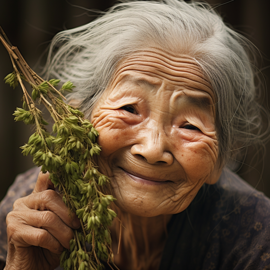 Smiling old Japanese woman with grassy eyebrows