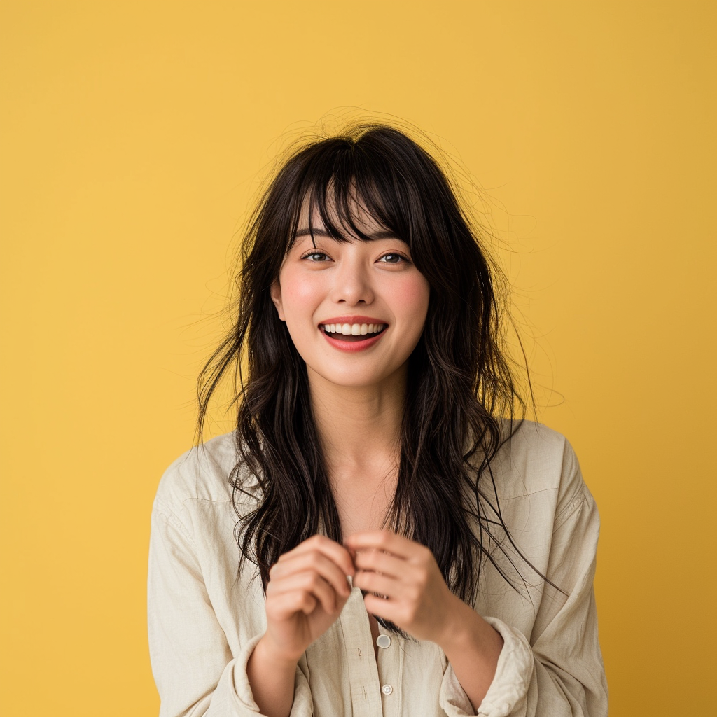 Happy Japanese Woman Holding Invisible Object