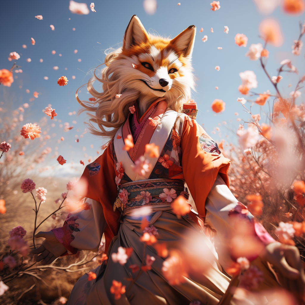 Japanese woman in kimono with fox mask in field of flowers