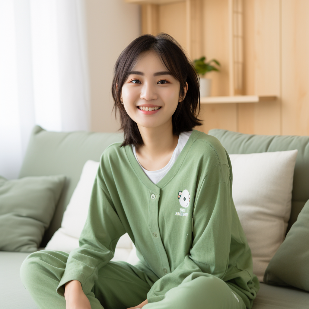 Japanese woman in cute loungewear smiling on sofa