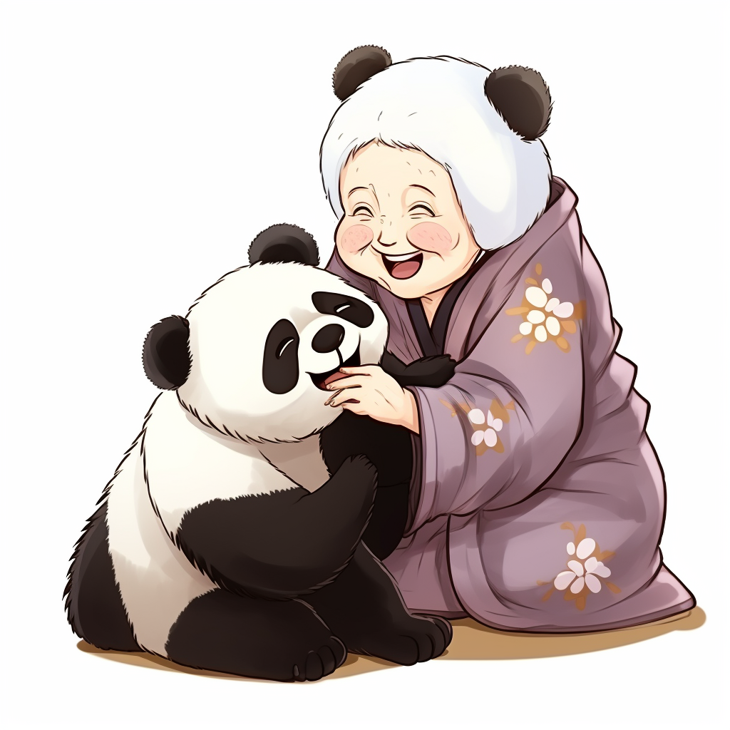 Happy Japanese woman headlocking panda with a smile