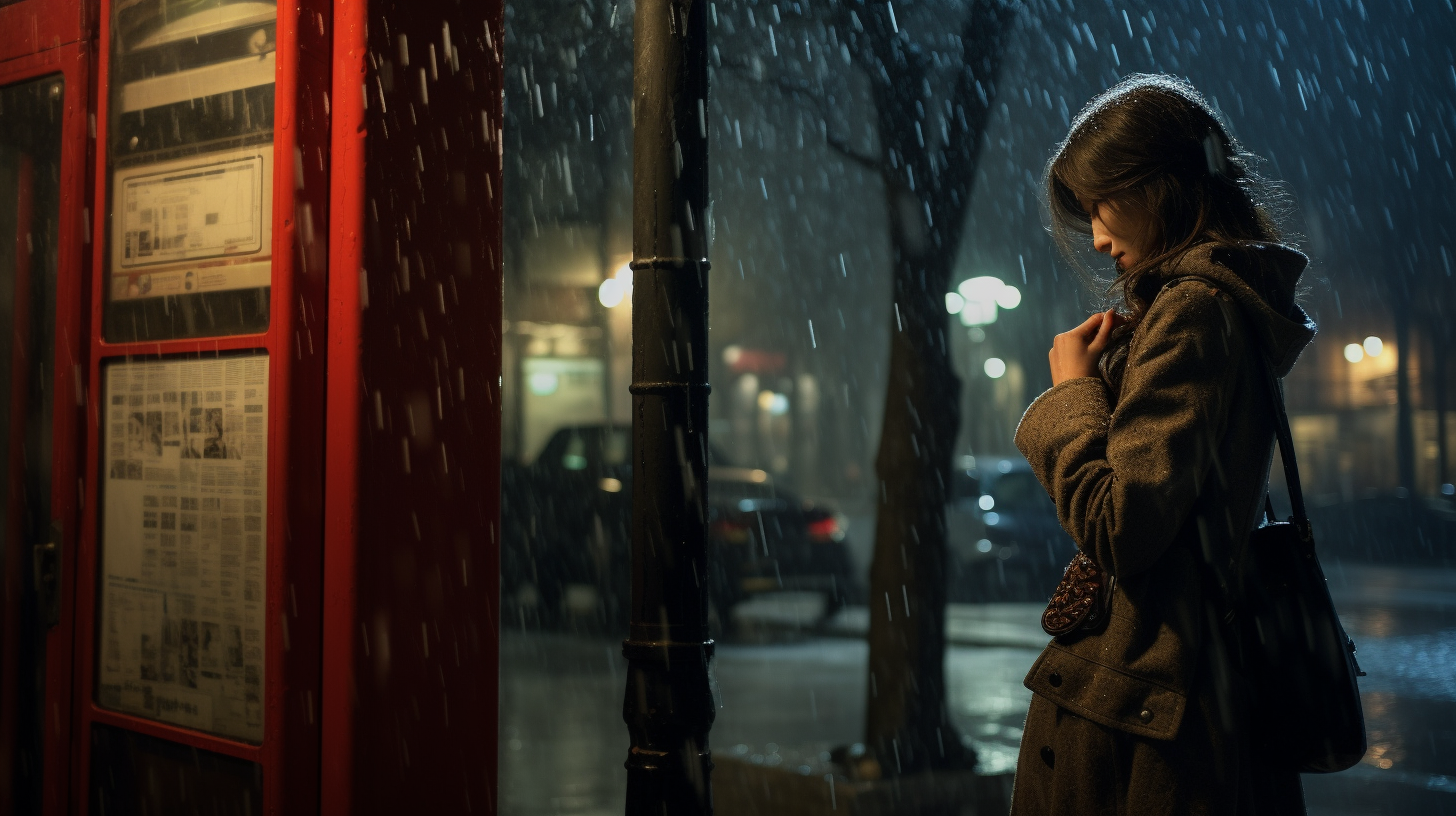 Japanese woman talking on payphone in Paris rain