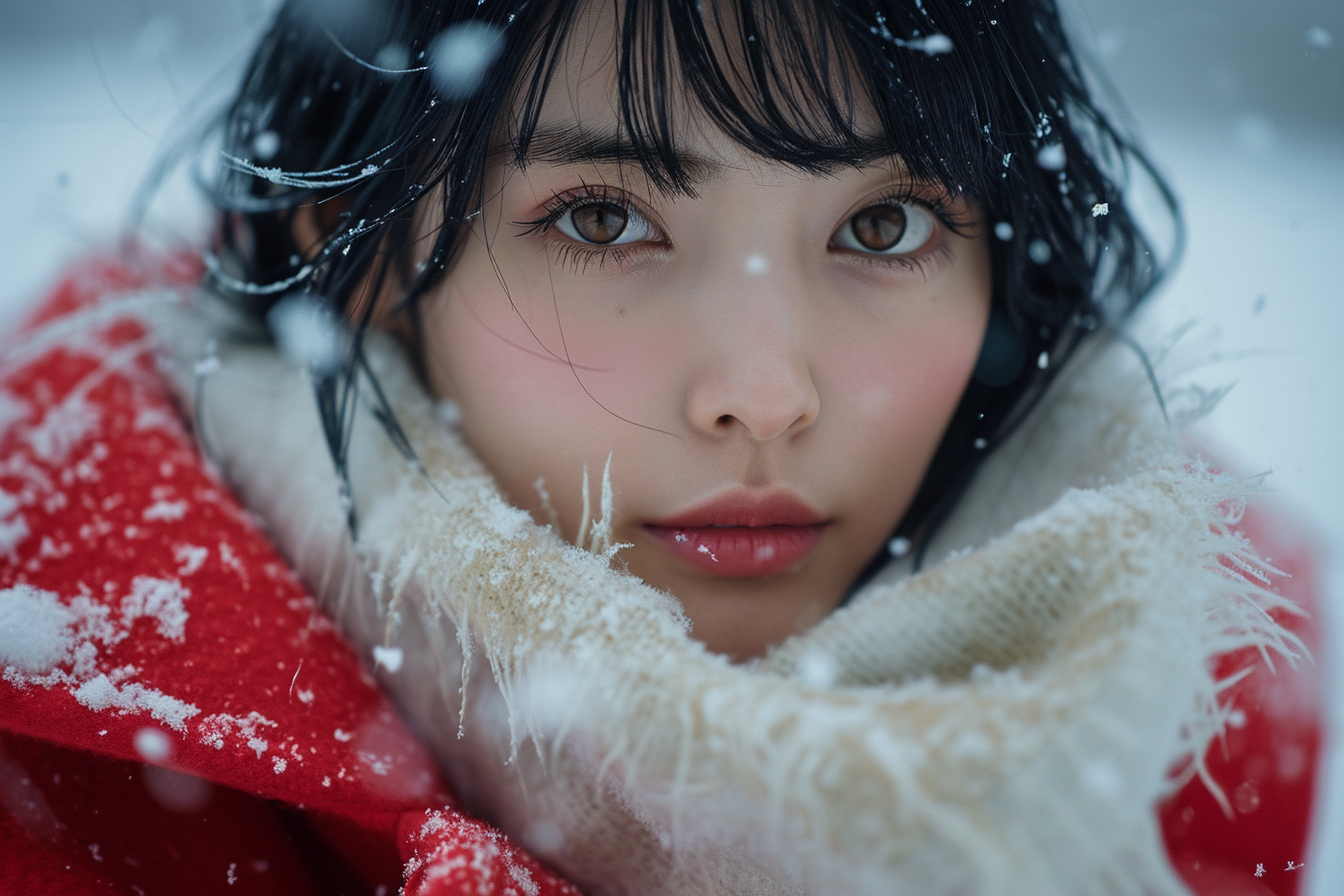 Japanese woman in red coat and white scarf in snowstorm