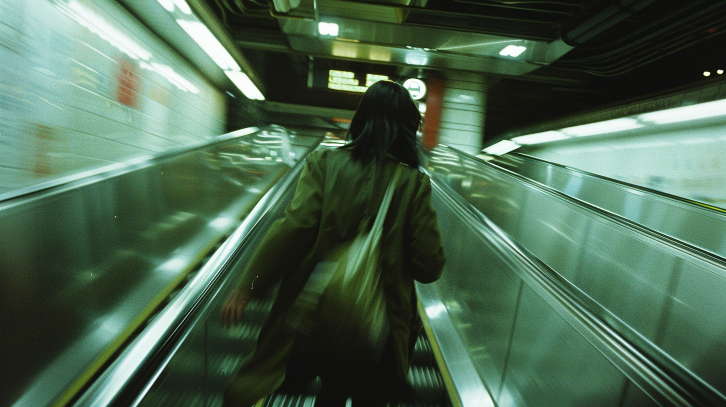 Japanese woman running up escalator