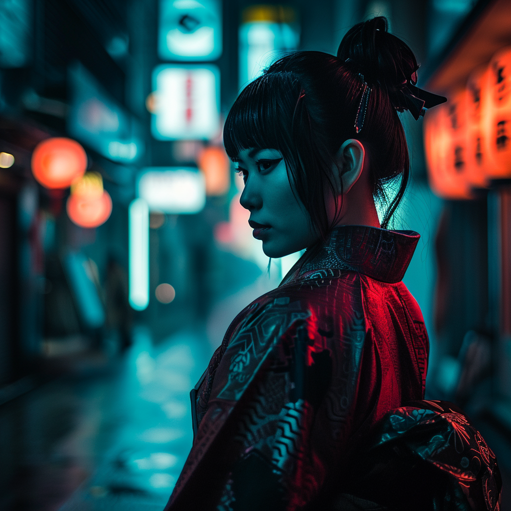 Japanese woman samurai in futuristic Tokyo