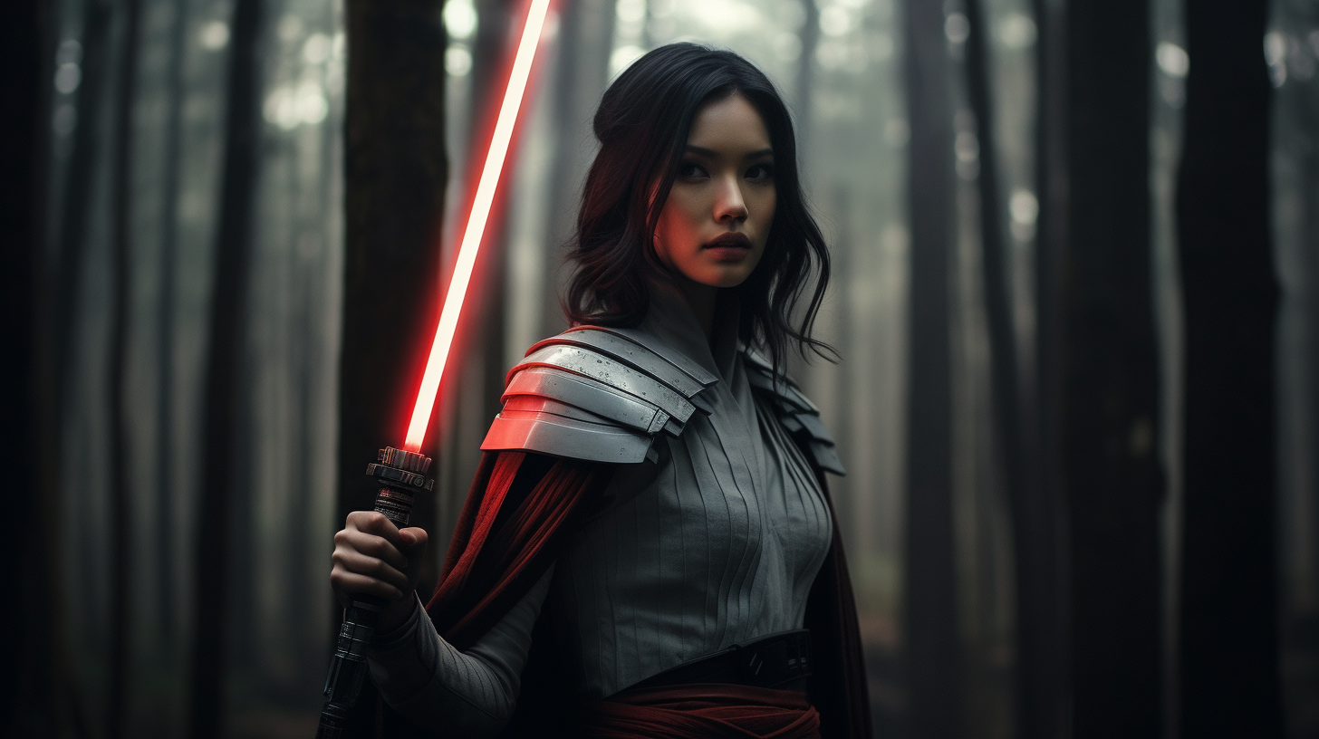 Japanese woman Sith Lord with red lightsaber in forest