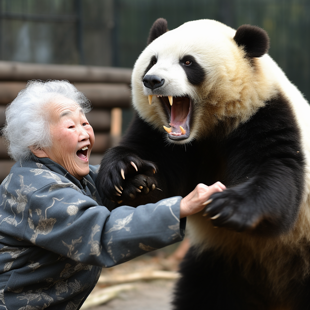 Smiling Japanese Woman Fighting Panda