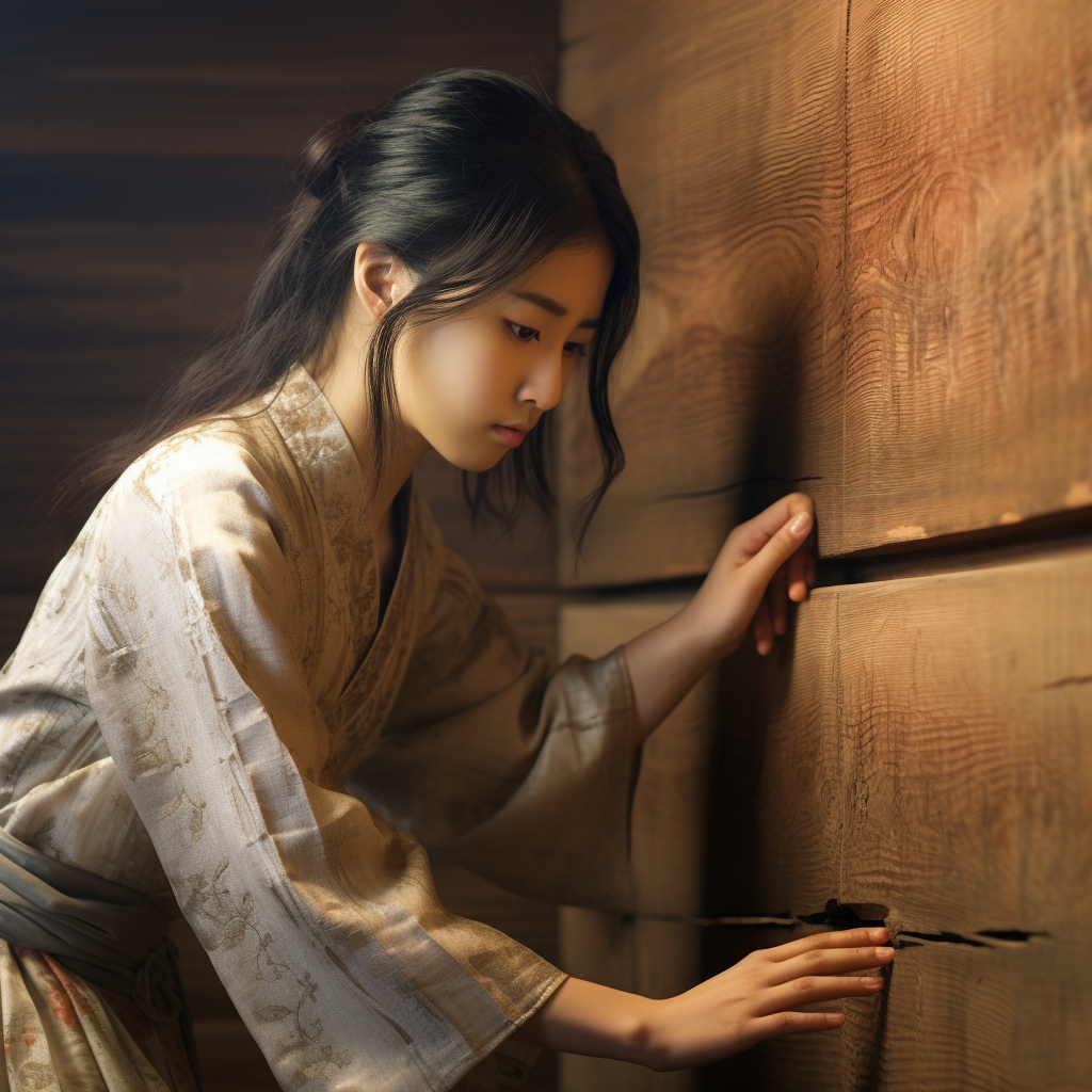 Japanese woman touching wood texture