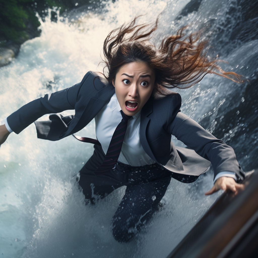 Japanese woman hit by waterfall in business suit