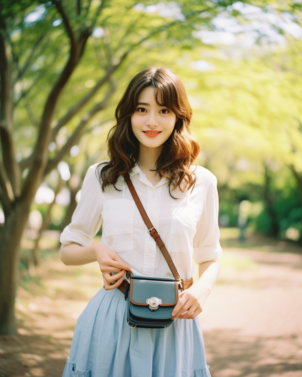 Japanese woman with stylish outfit and small pouch