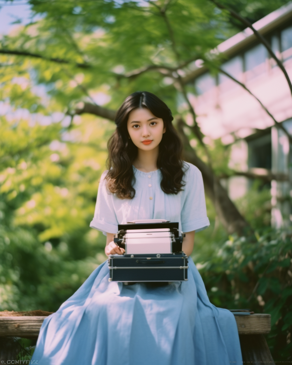 Beautiful Japanese Woman in White Blouse and Light Blue Skirt