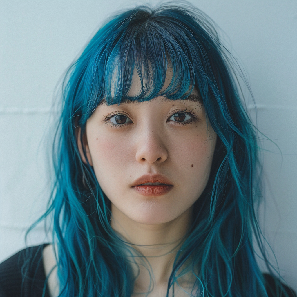 Japanese women with blue hair smiling