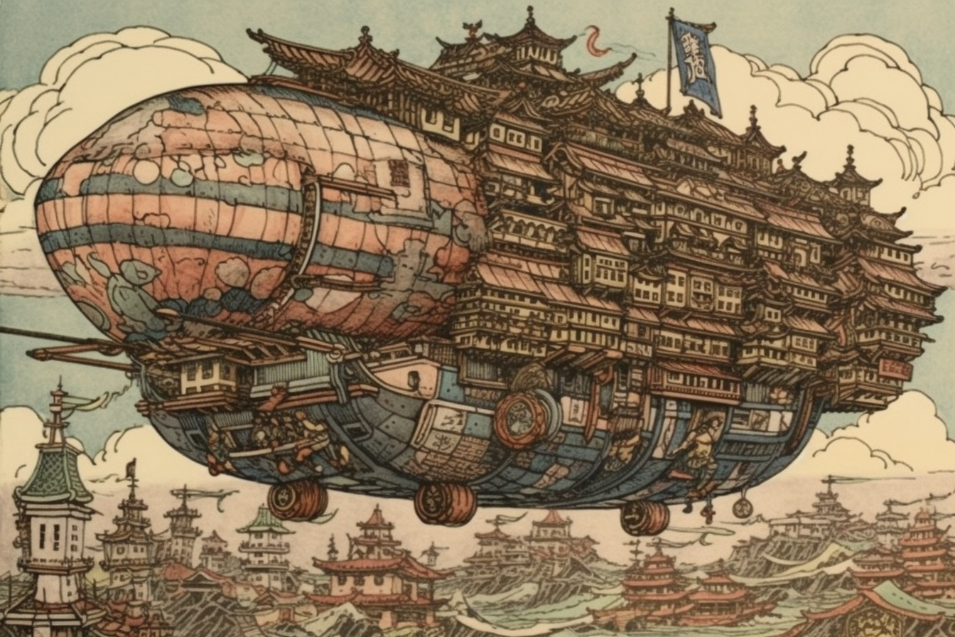 Steampunk Airship in Japanese Woodblock Print