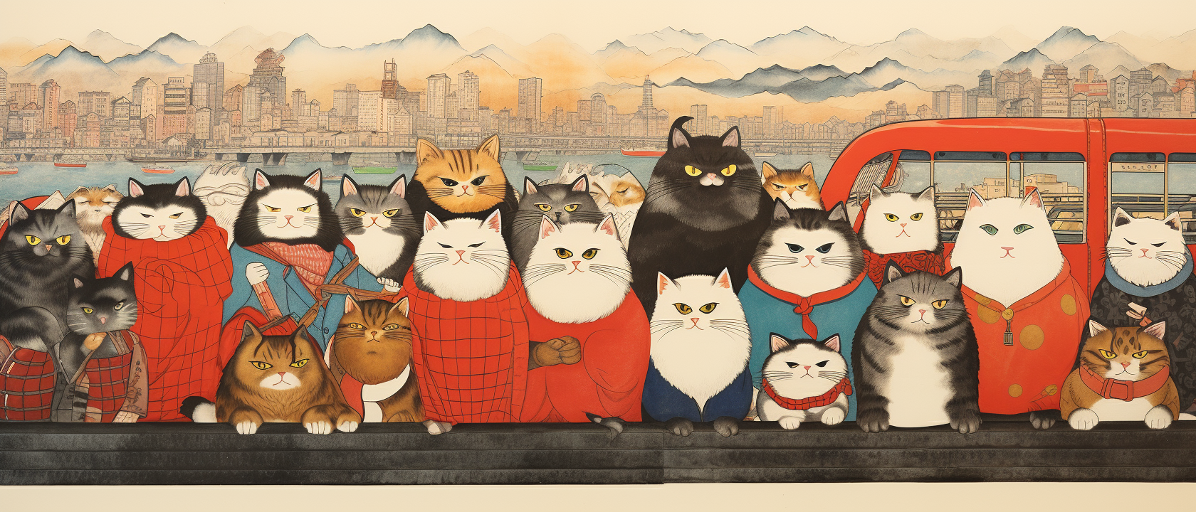 Colorful cats in Japanese woodblock print