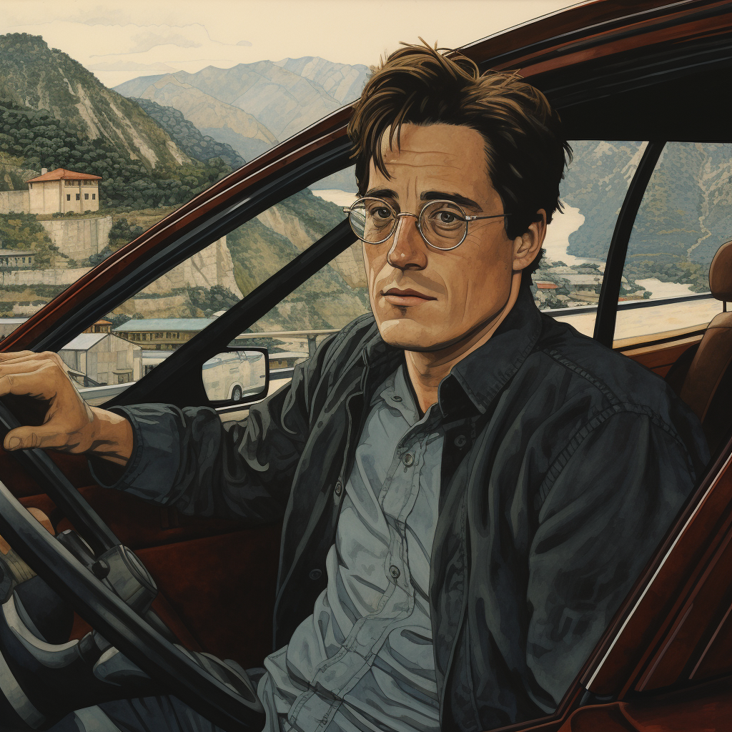 Matthew Broderick driving BMW in Japanese woodcut style