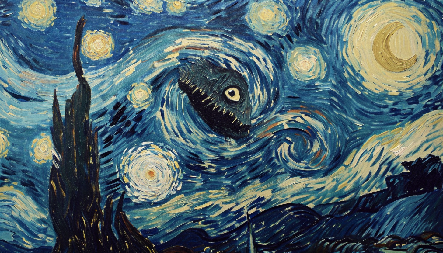 Oil painting of Japanese Yokai Kappa in Starry Night