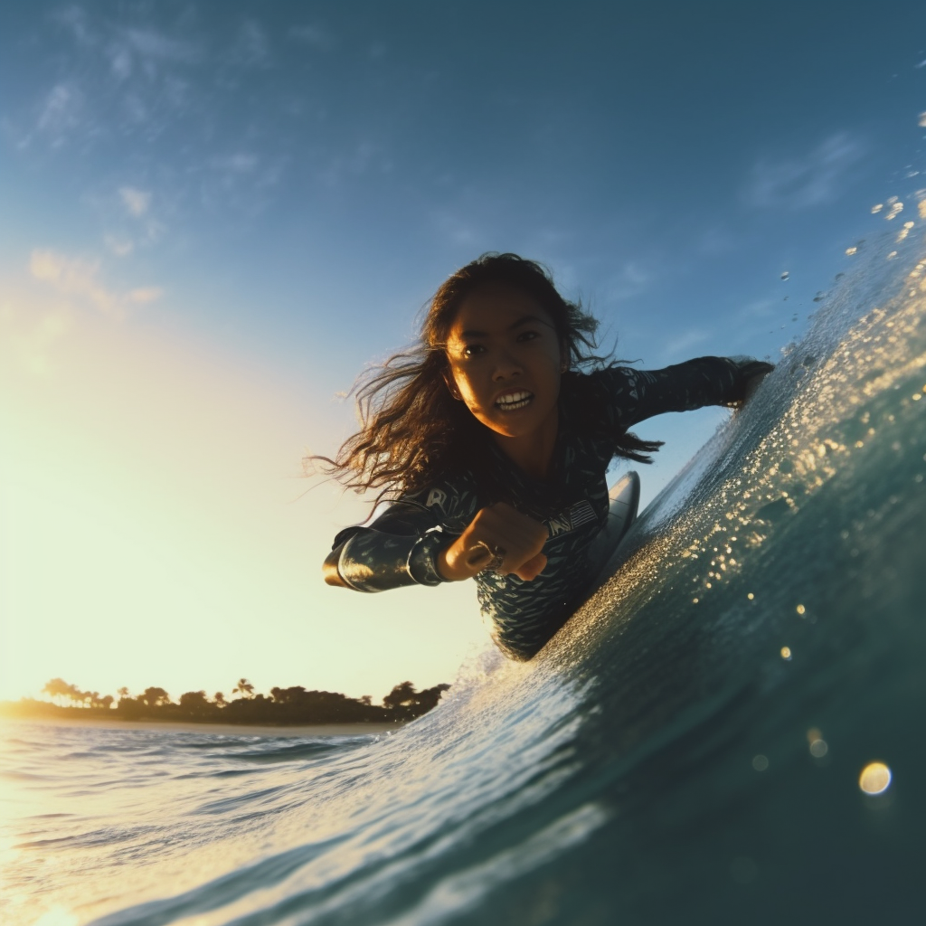 Japanese young girl surfing the sea