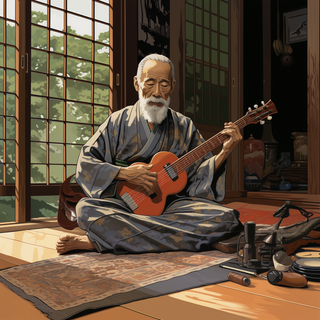 Elderly man playing electric guitar in Japanese room