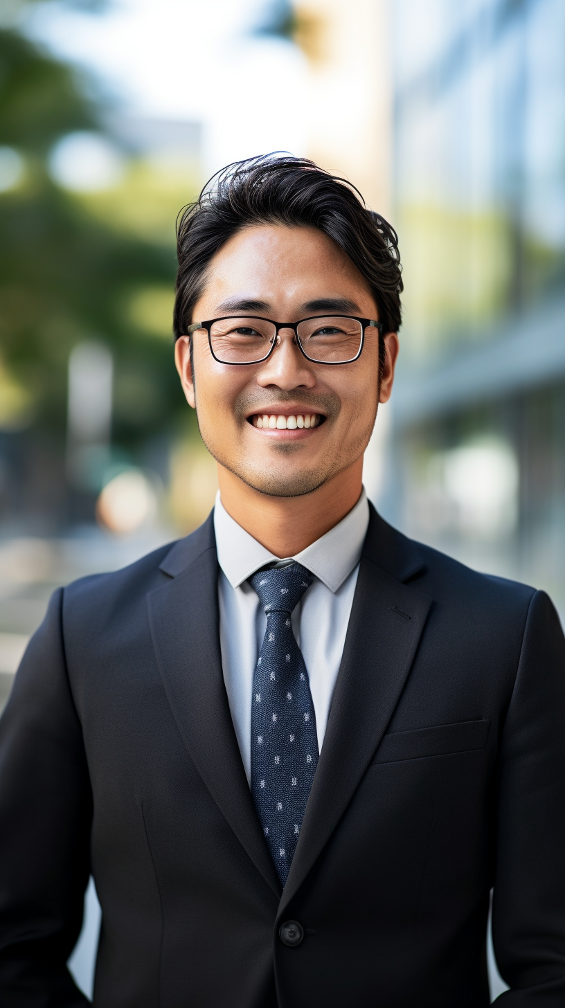 Japanese businessman smiling at office entrance