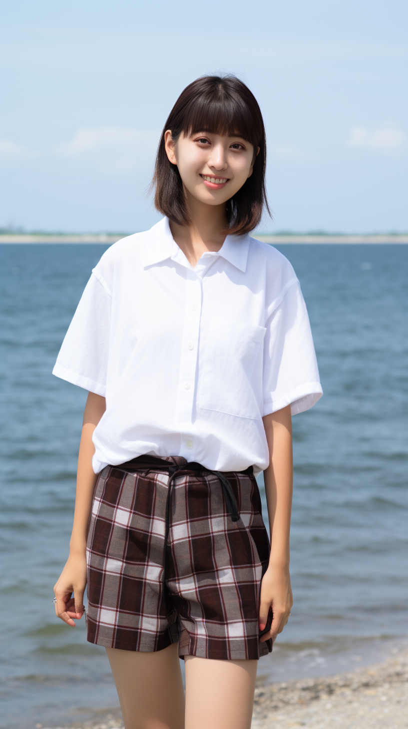 Japanese College Student Girl with Checker Shirt and Funny Pose