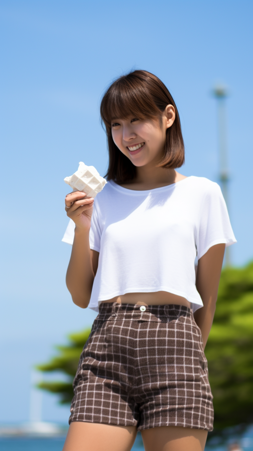 Smiling Japanese College Student Girl Eating Ice Cream