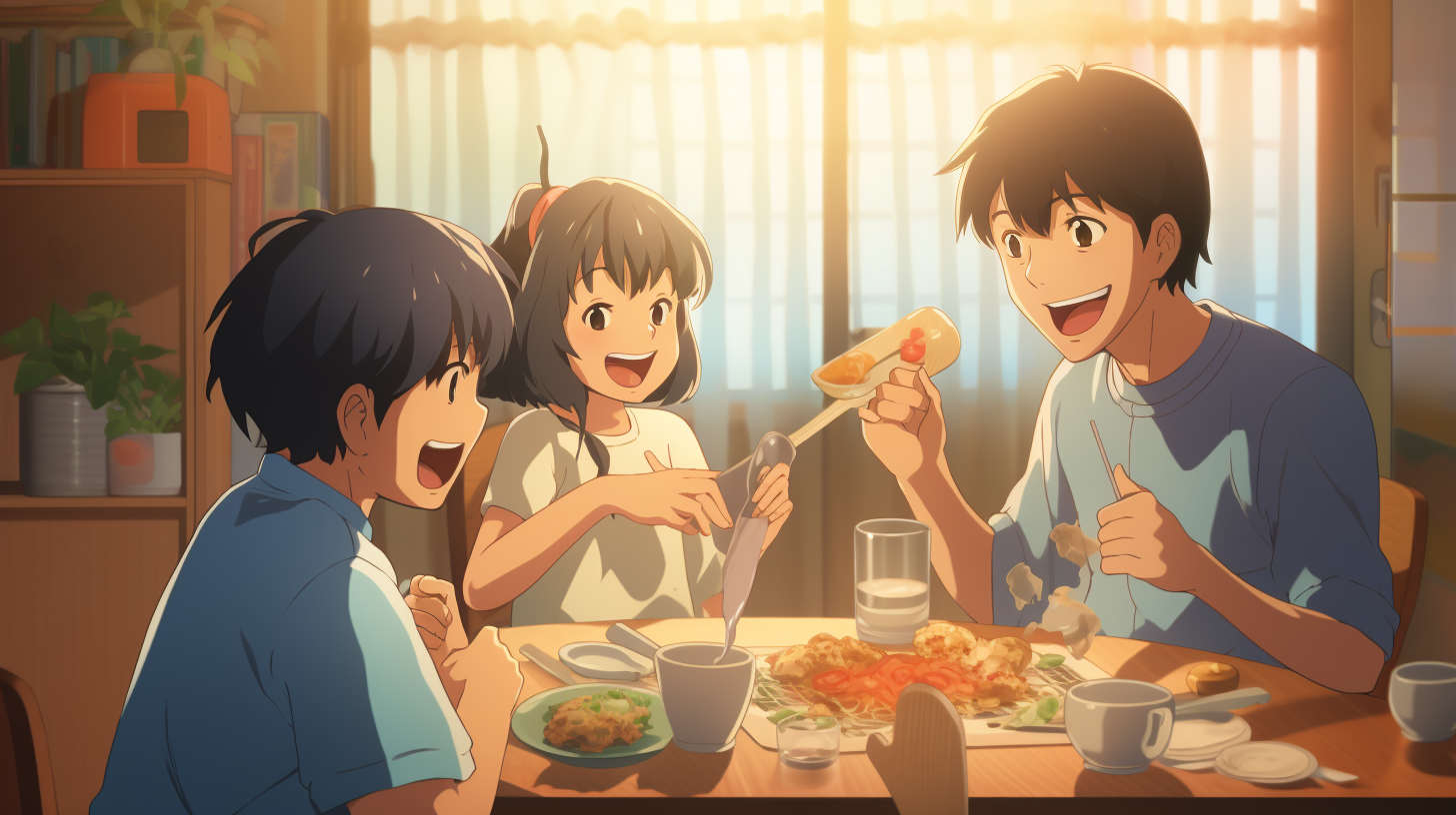 Japanese Family Breakfast Scene with Smiling Boy Holding Egg