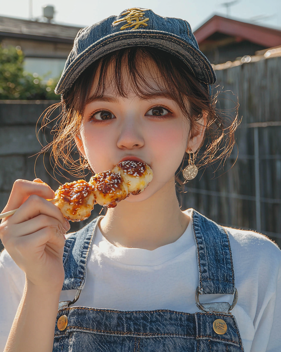 Japanese girl eating takoyaki outdoors