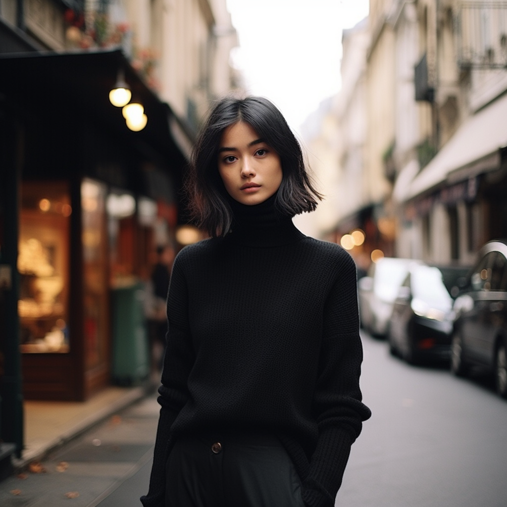 Japanese girl wearing turtleneck sweater in France