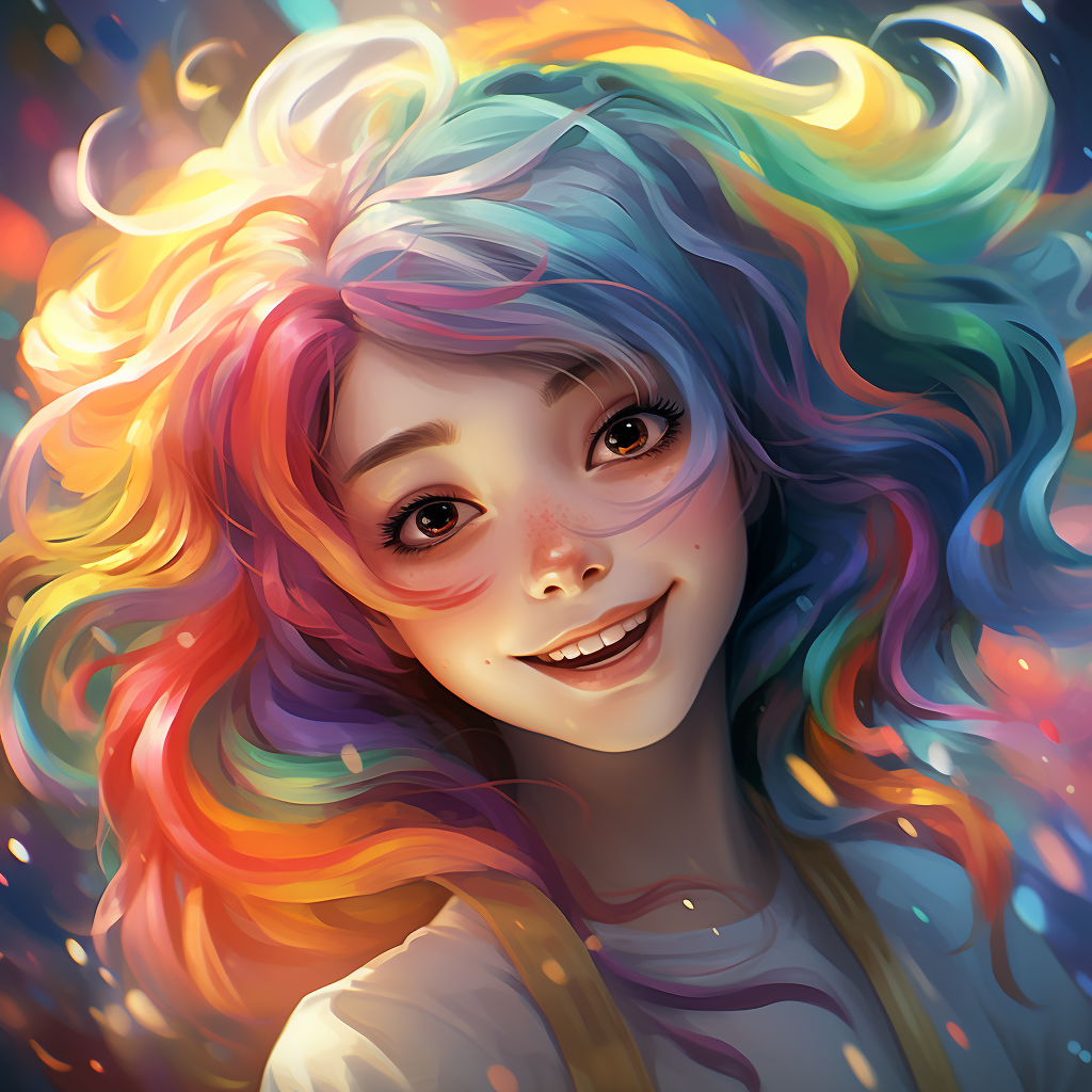 Artistic portrait of a happy Japanese girl with rainbow hair