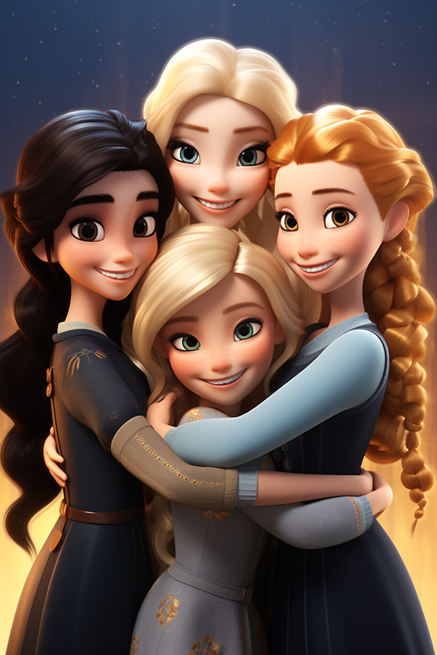 Group of Japanese girls with long and short hair hugging