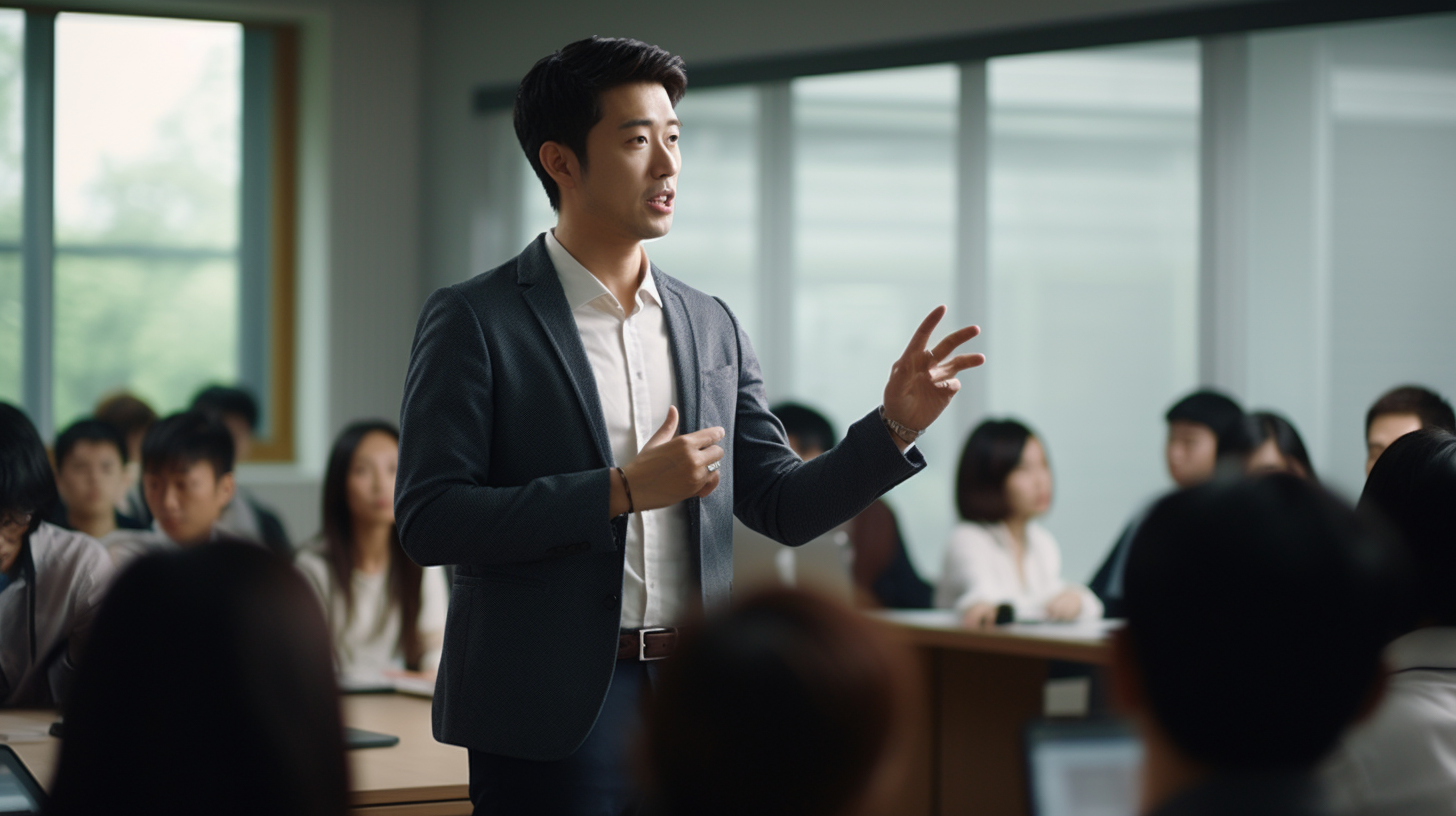 Japanese IT engineer giving presentation