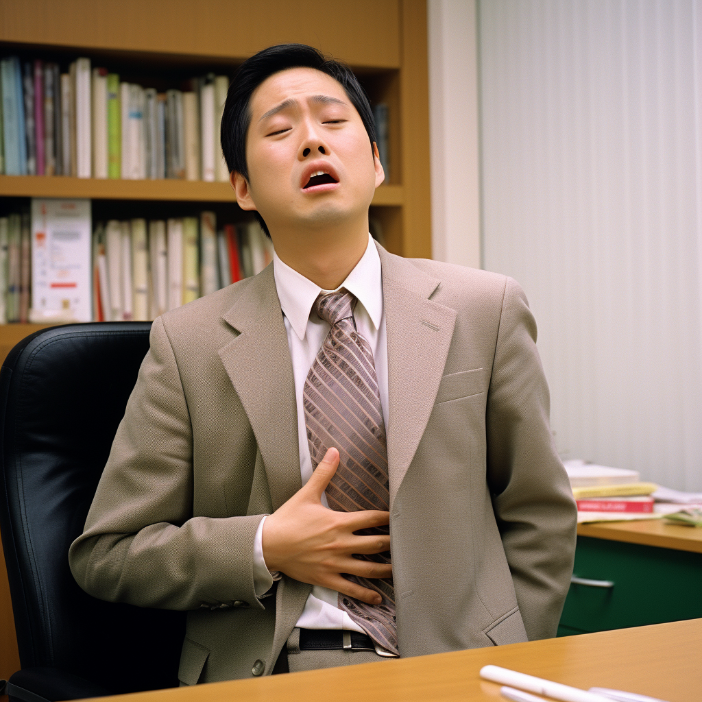 Frail-looking Japanese businessman holding his stomach