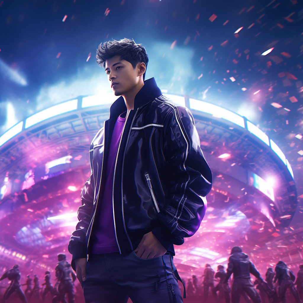 Japanese male in purple and pink sportswear on a futuristic soccer field