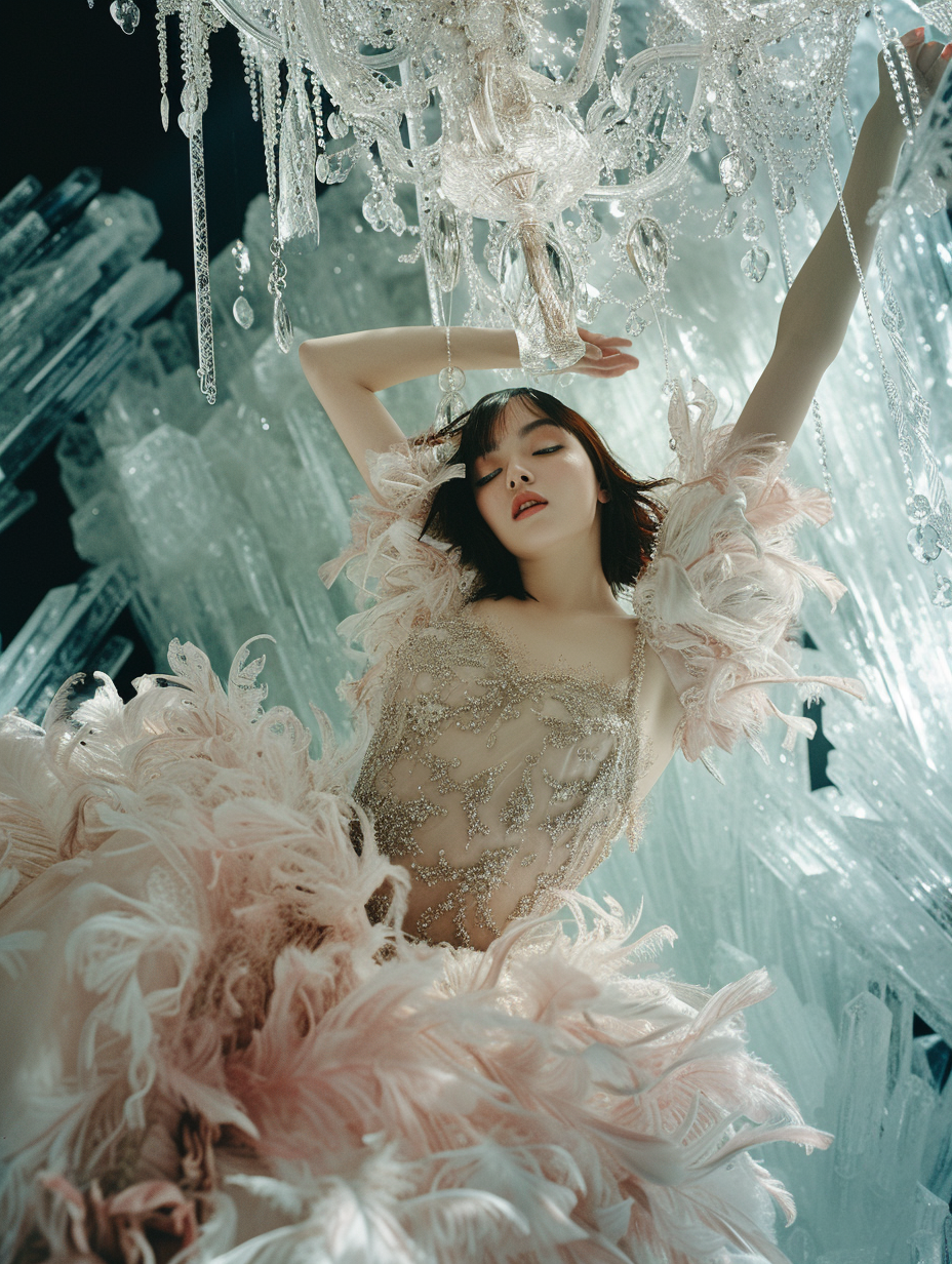 Japanese Model in Extravagant Gown on Chandelier