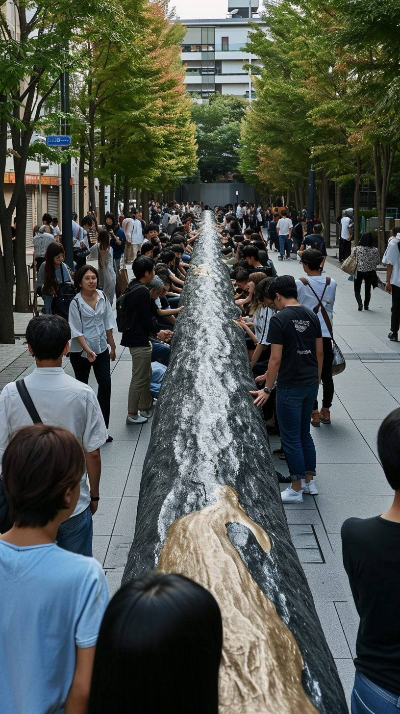 Japanese people amazed by long sculpture