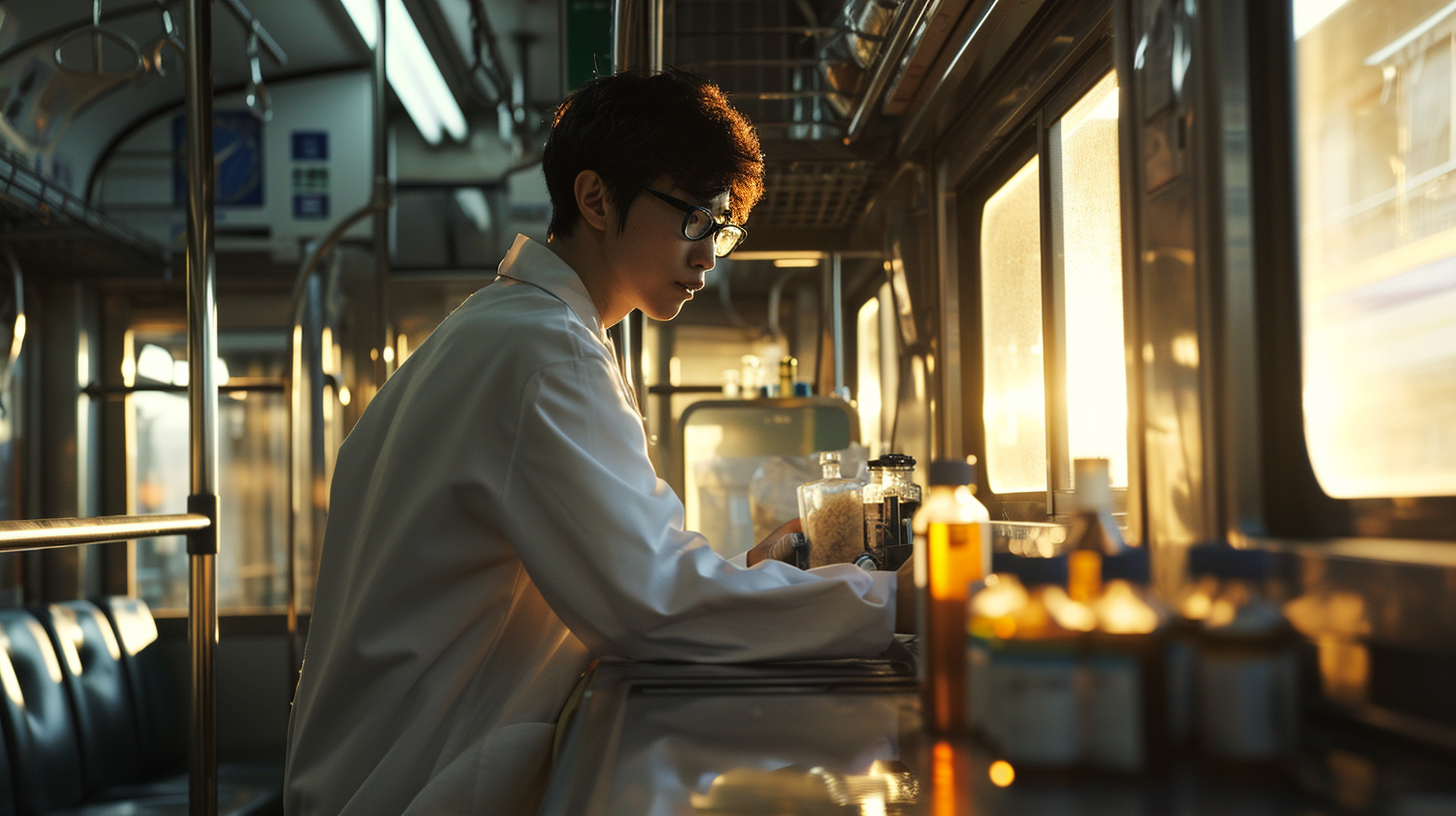 Japanese scientist holding specimen bottles on train