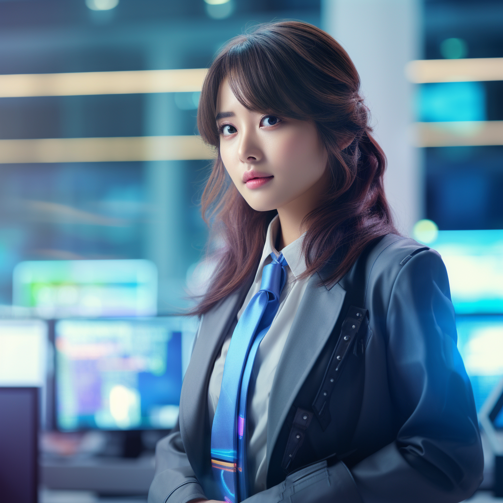 Japanese secretary in blue jacket working in futuristic office