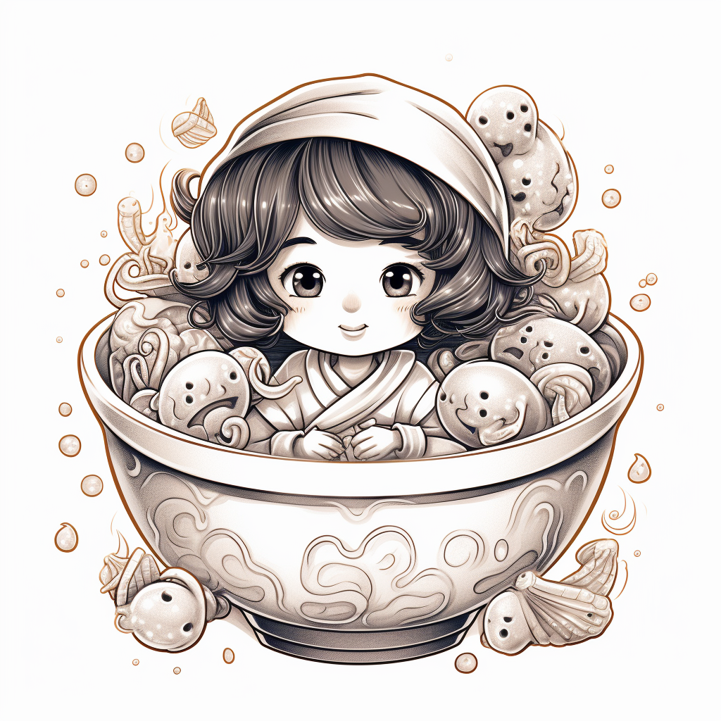 Illustration of Japanese small girl in ramen bowl