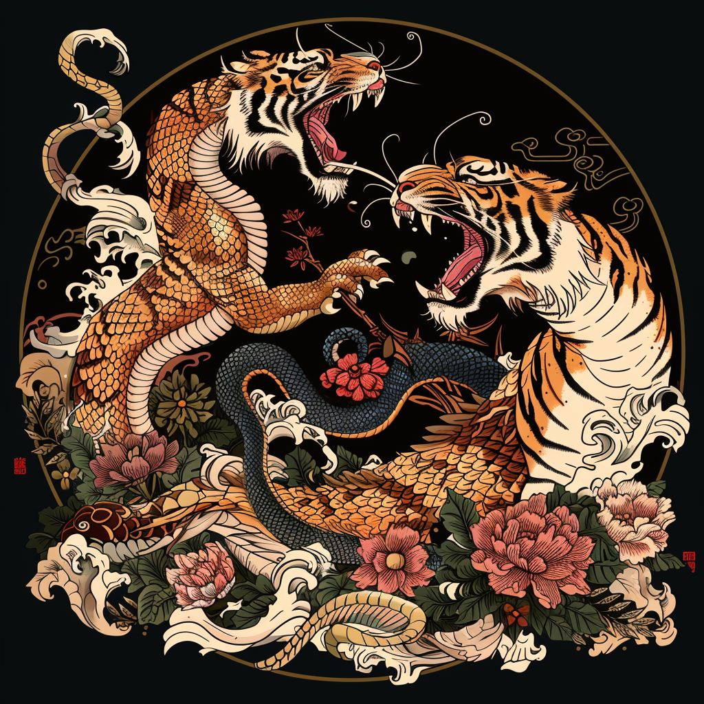 Tiger fighting snake illustration