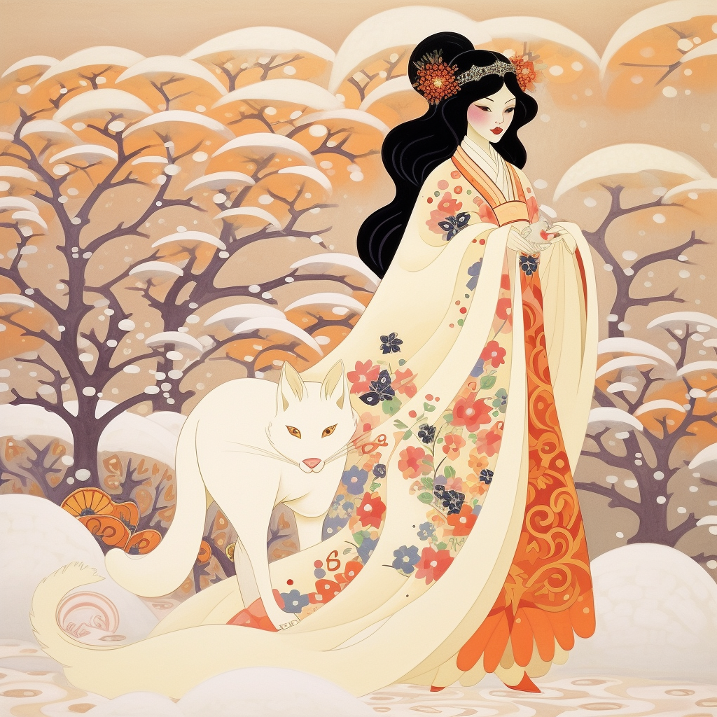 Beautiful Japanese Winter Kitsune Lady in Snow