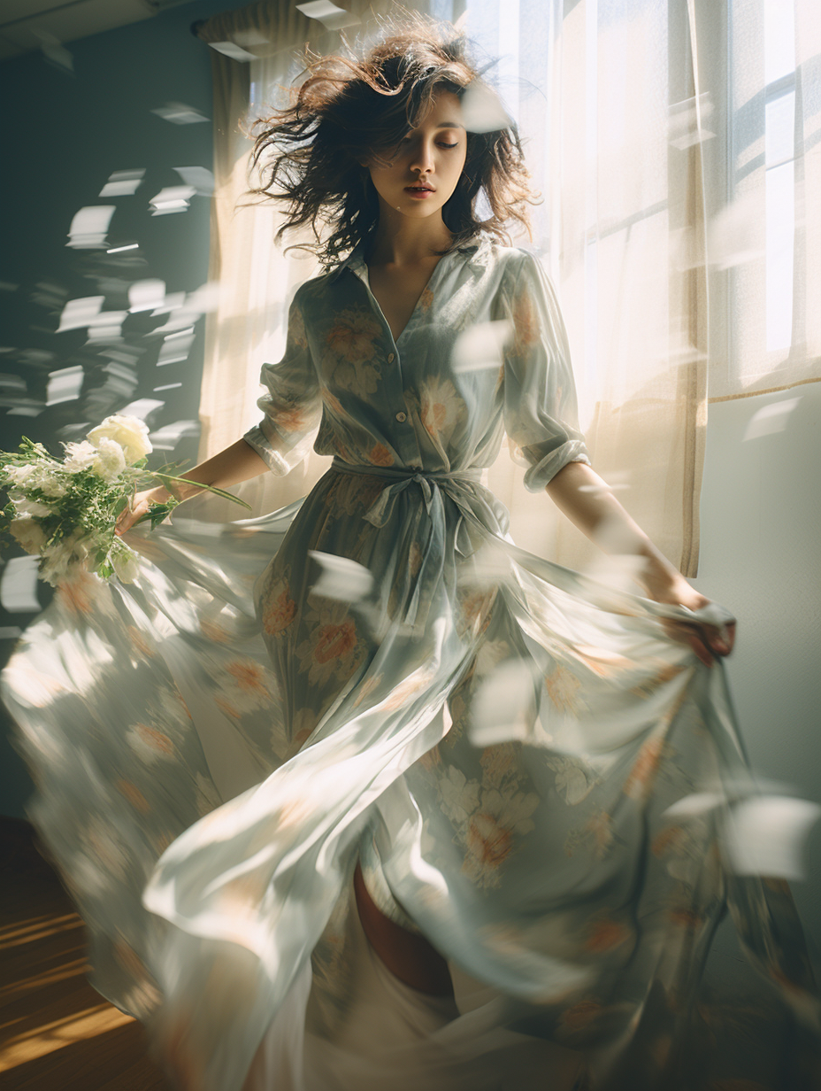 Japanese woman in her 20s dancing in an empty room