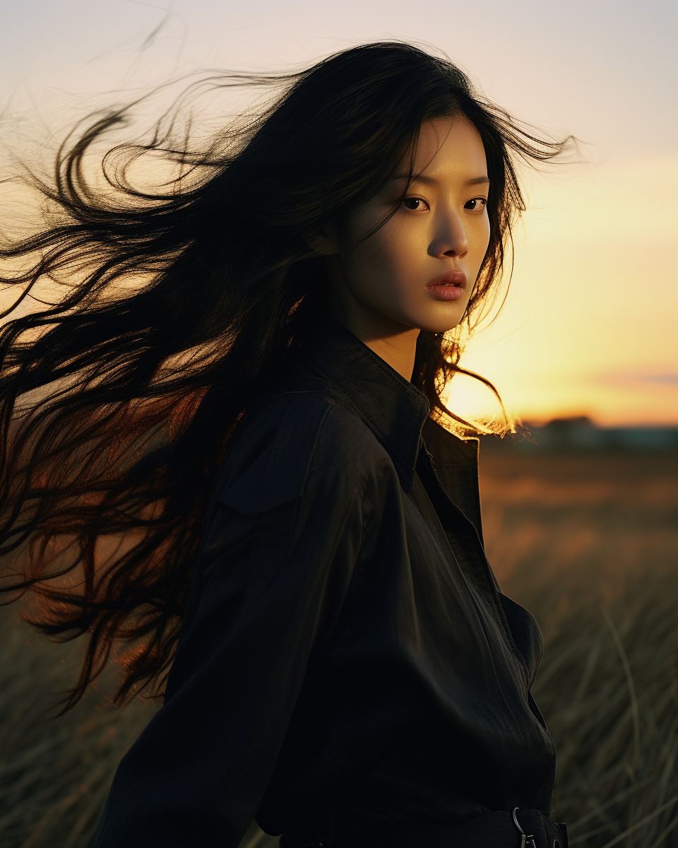 Beautiful Japanese woman in an empty field at sunset