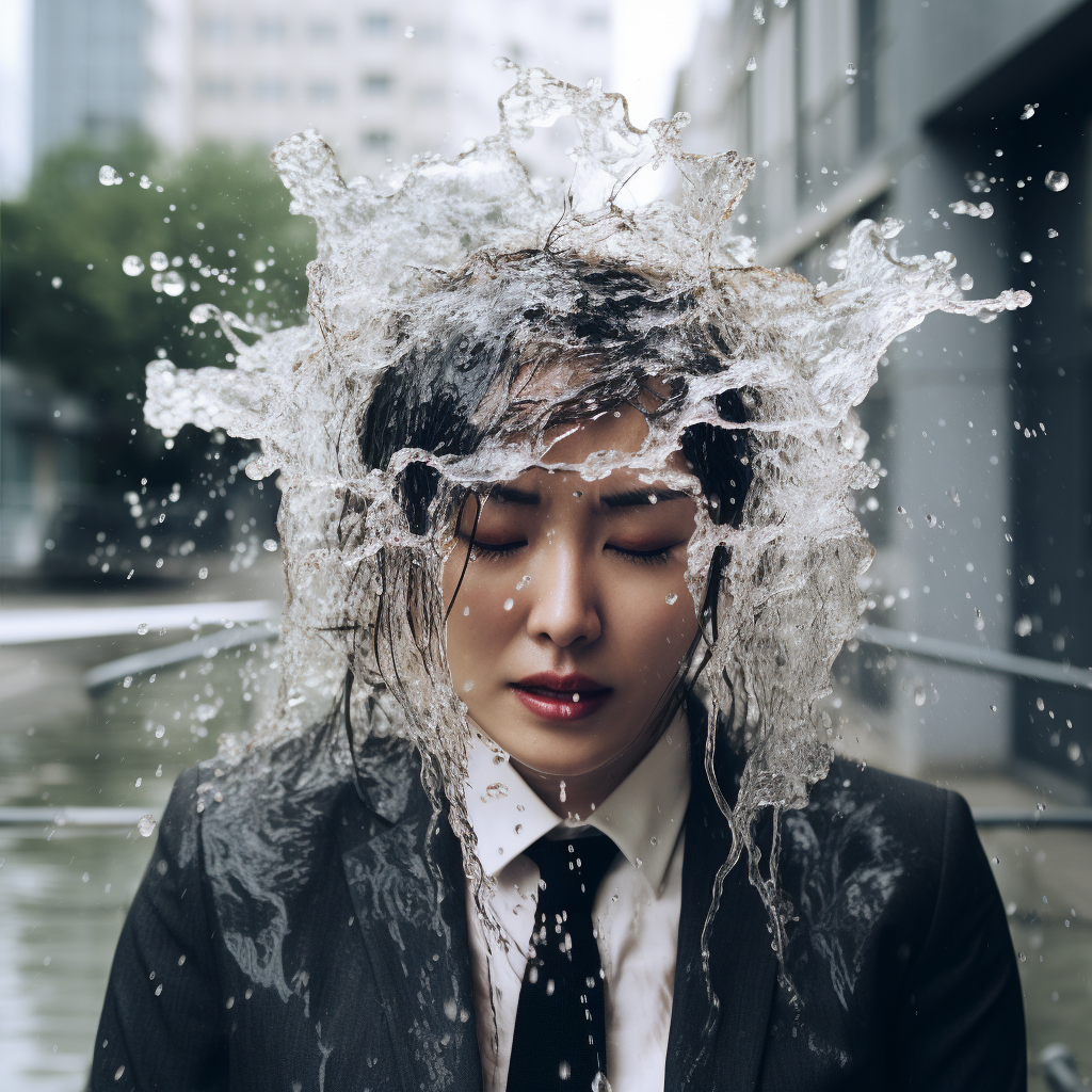 Japanese woman in business suit with water on head