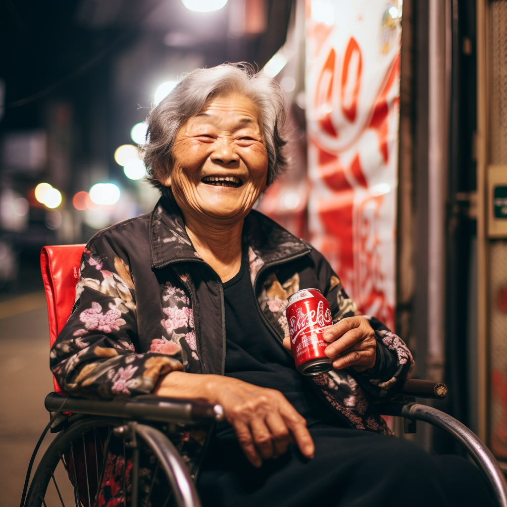 Happy Japanese woman enjoying a drink outdoors