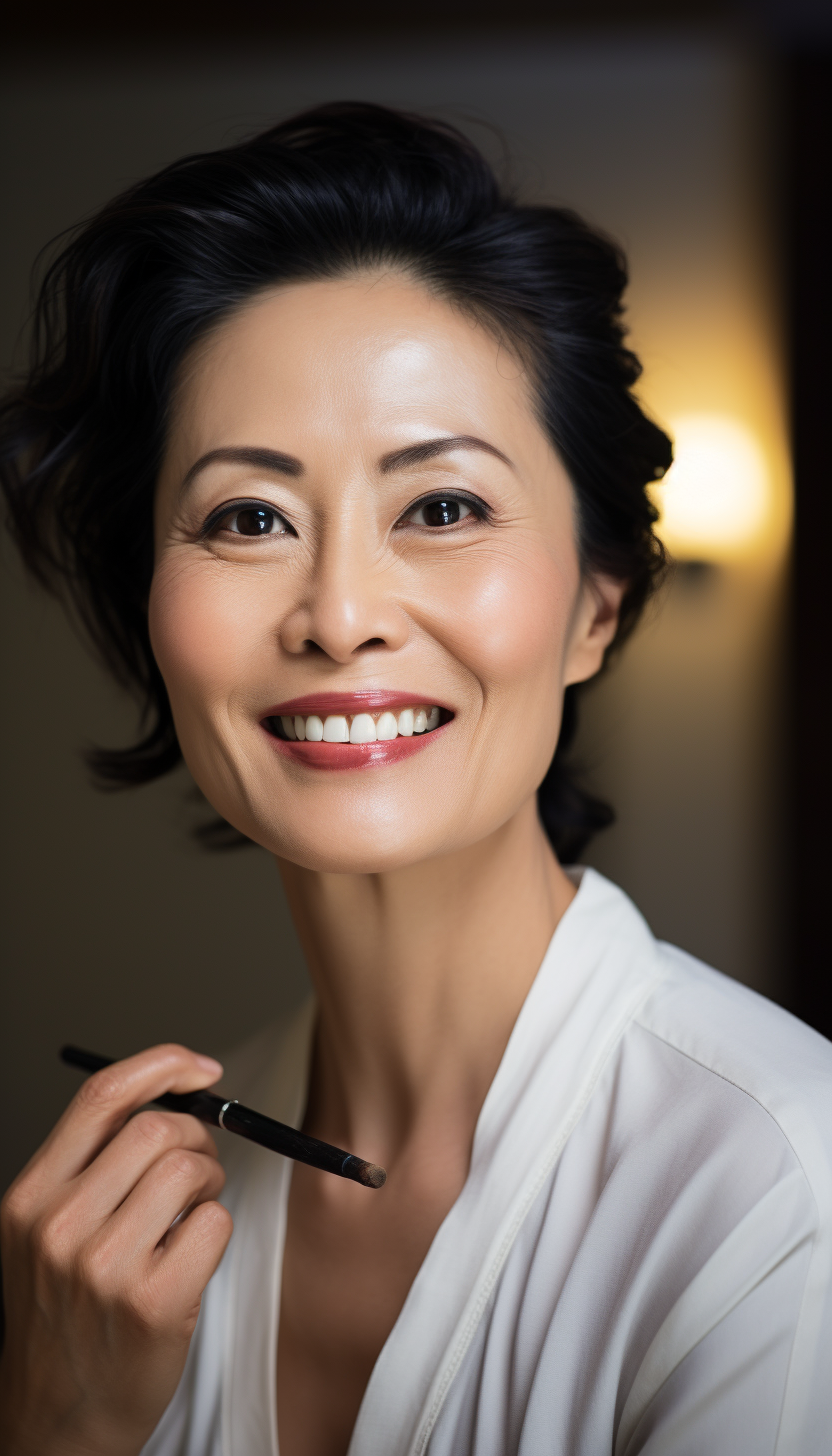 Close-up Portrait of Japanese Woman Applying Makeup