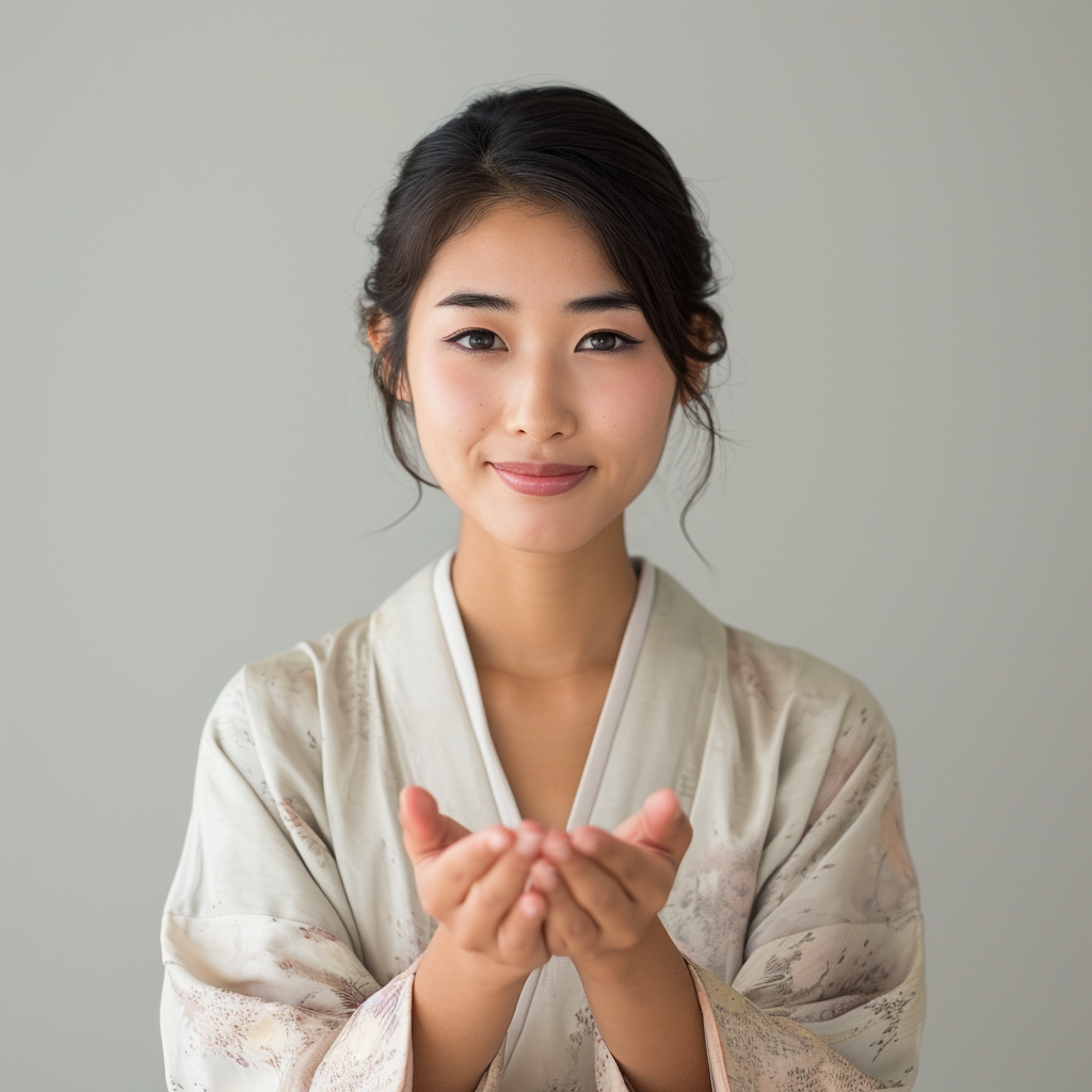 Japanese woman presenting cupped hands