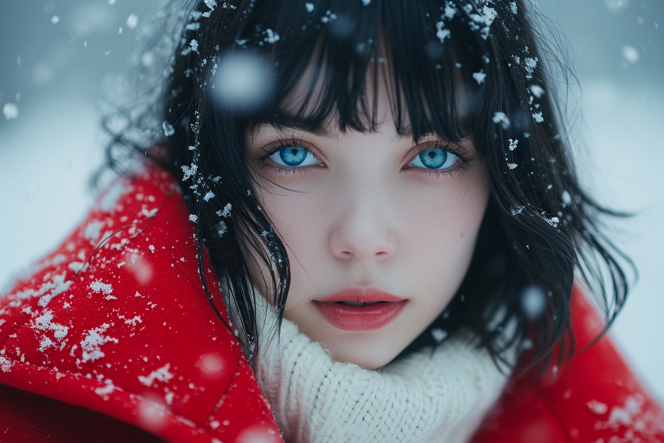 Japanese woman in snowstorm with red coat