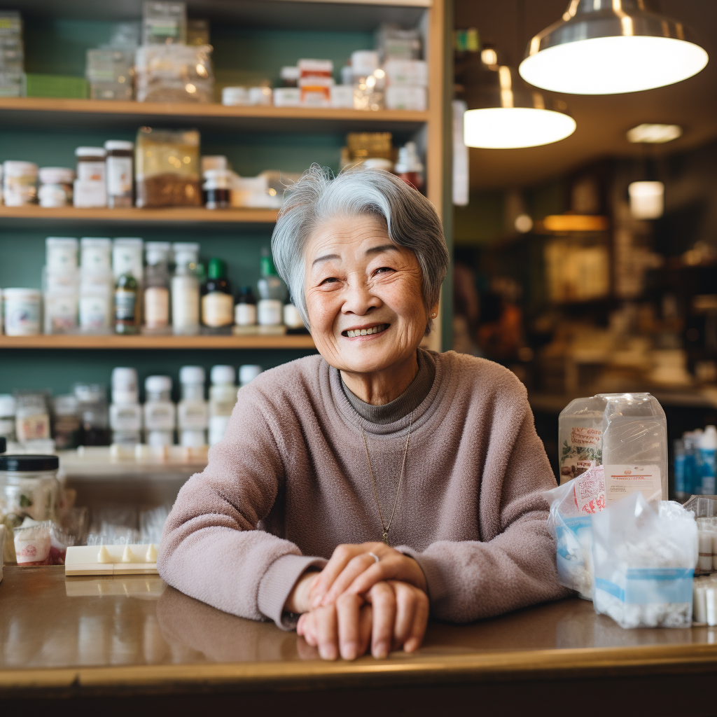 Elderly Japanese woman smiling in café with supplements